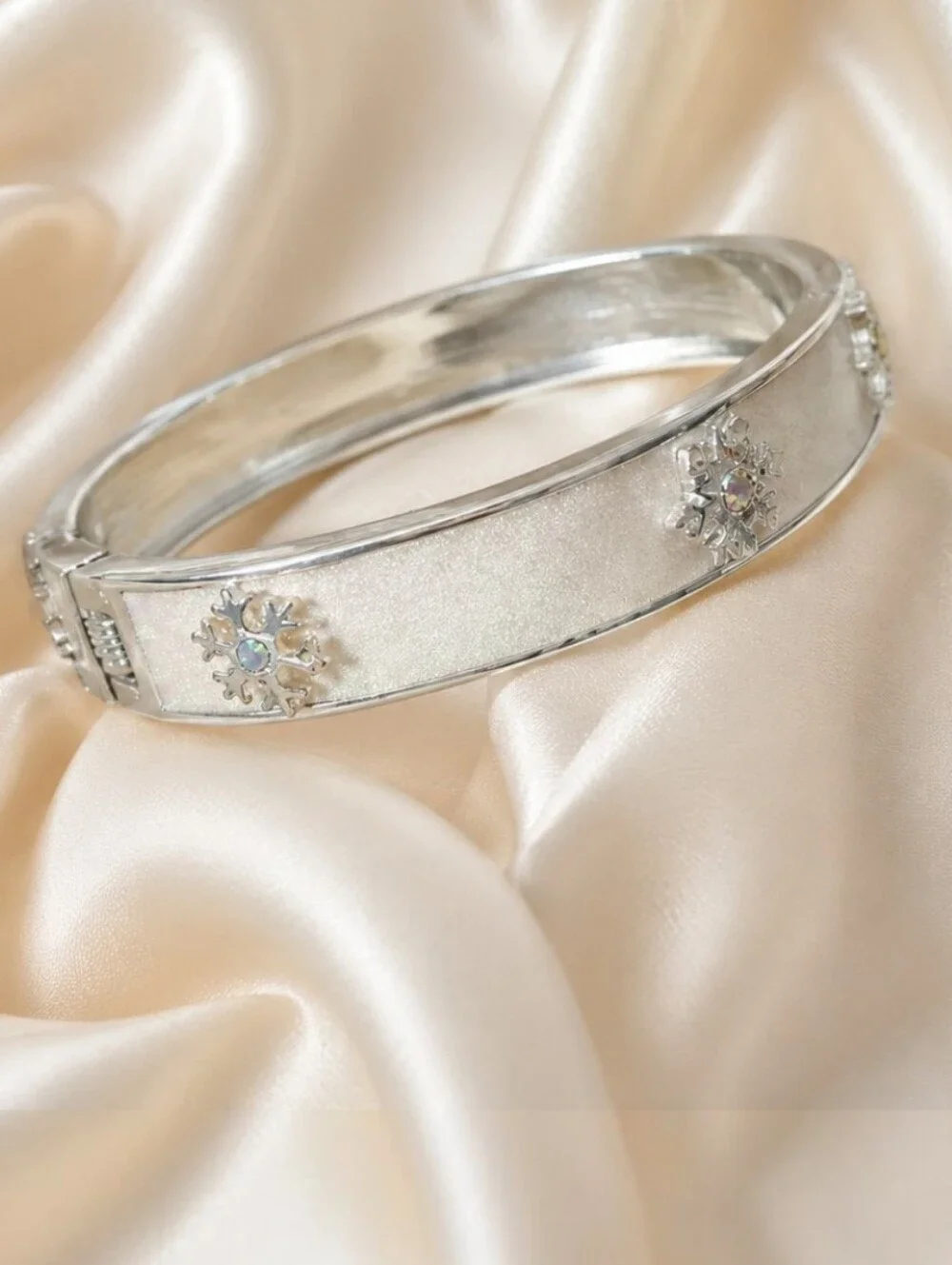 Icy Snowflake Hinged Cuff Bangle Bracelet – Silver Tone Frosted Finish